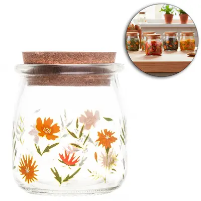 FRASCO / POTE DE VIDRO REDONDO COM TAMPA CORTICA FLORA 190ML
