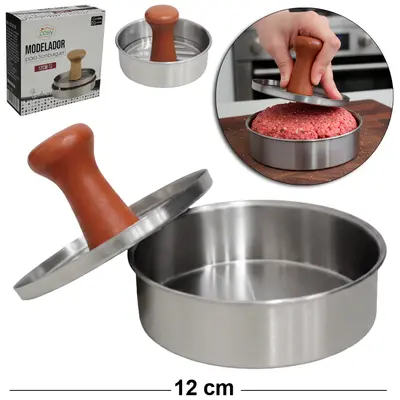 FORMA MODELADORA DE INOX PARA HAMBURGUER CABO MADEIRA 12CM DE Ø
