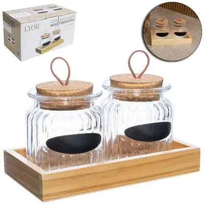 PORTA CONDIMENTO DE VIDRO COM 2 PECAS 260ML + ADESIVO / ETIQUETA LOUSA + TAMPA CORTICA E SUPORTE DE MADEIRA
