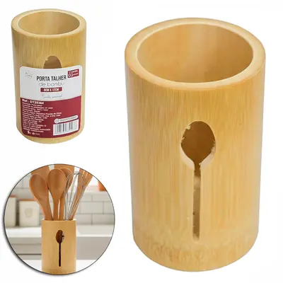 PORTA TALHER / ESCORREDOR DE TALHER DE BAMBU REDONDO COLHER / GARFO / FACA 12X8CM DE Ø