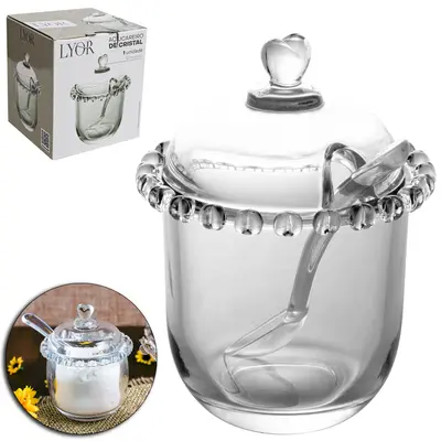 ACUCAREIRO / PORTA CONDIMENTO DE VIDRO CRISTAL COM TAMPA CORACAO + COLHER DE ACRILICO 210ML