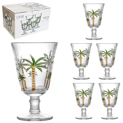 JOGO DE TACA DE VIDRO PARA AGUA / VINHO PALM HAND PAINTING COM 6 PECAS 240ML