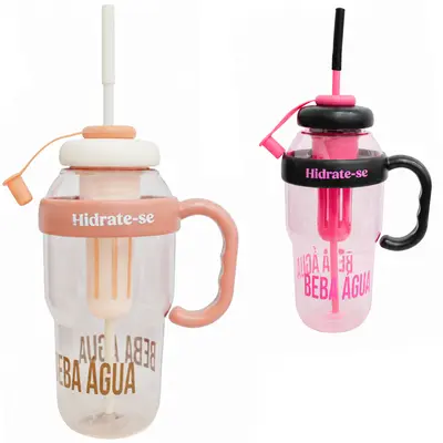 COPO COM TAMPA + ALCA + CANUDO E INFUSOR DE PLASTICO HIDRATE-SE BEBA AGUA 1300ML