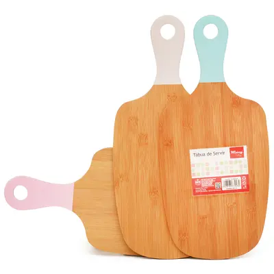 TABUA DE CORTE DE MADEIRA / BAMBU MULTIUSO OVAL COM PEGADOR COLORS 43X19CM