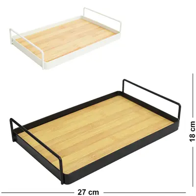 BANDEJA ARAMADO / MADEIRA MDF RETANGULAR DECORATIVA COM ALCA BLACK / WHITE DECOR 27X18X5CM