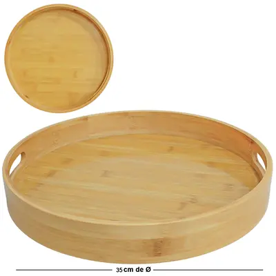 BANDEJA DE BAMBU E MDF REDONDA DECORATIVA COM ALCA DECOR 4,8X35CM DE Ø