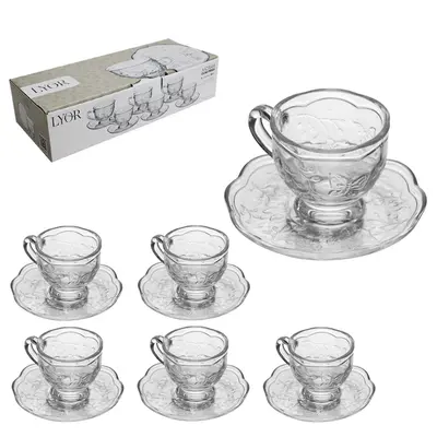 JOGO DE XICARA DE VIDRO CRISTAL COM PIRES PARA CAFE NEW BUTTERFLY 6 KITS (12 PECAS) 80ML