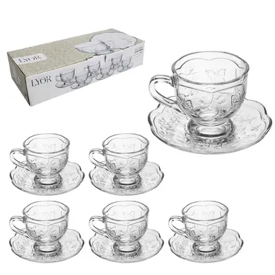JOGO DE XICARA DE VIDRO CRISTAL COM PIRES PARA CHA NEW BUTTERFLY 6 KITS (12 PECAS) 180ML