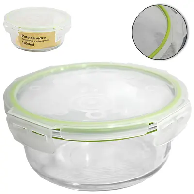 POTE DE VIDRO BOROSSILICATO REDONDO COM TAMPA HERMETICA E TRAVA 1000ML