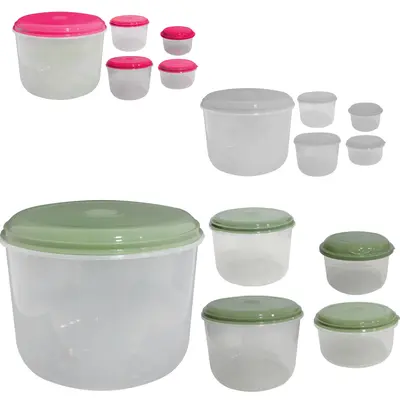 CONJUNTO DE POTE DE PLASTICO REDONDO PARA MANTIMENTOS COM TAMPA 5 PECAS