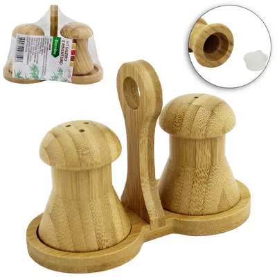 SALEIRO / PIMENTEIRO DE MESA DE BAMBU 2 PECAS COM SUPORTE