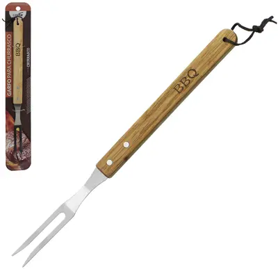 GARFO TRINCHANTE DE INOX PARA CHURRASCO CABO MADEIRA LONGO 39CM