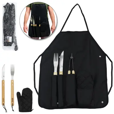 CONJUNTO DE FACA CHURRASCO 6,5'' + GARFO 5,5'' + PEGADOR 37CM DE INOX CABO MADEIRA E LUVA NO AVENTAL