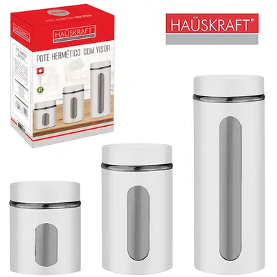 CONJUNTO DE POTE DE VIDRO / INOX REDONDO PARA MANTIMENTOS COM VISOR + TAMPA DE ROSCA BRANCO HAUSKRAFT COM 3 PECAS 600/90