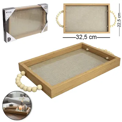 BANDEJA DE PLASTICO TIPO MADEIRA FUNDO POLIESTER / VIDRO RETANGULAR DECORATIVA + ALCA DE CONTAS DECOR 32,5X22,5X3CM