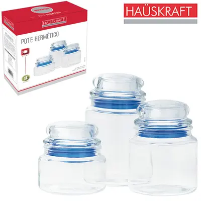 CONJUNTO DE POTE DE VIDRO REDONDO COM TAMPA HERMETICA DE VIDRO HAUSKRAFT 3 PECAS 300/470/670ML