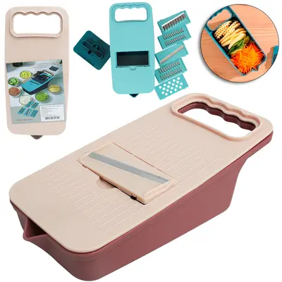 CORTADOR FATIADOR E RALADOR DE FRUTAS / LEGUMES DE INOX / PLASTICO COM 5 LAMINAS + RESERVATORIO