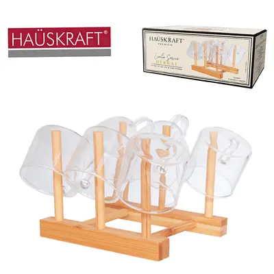 JOGO DE CANECA XICARA DE VIDRO BOROSSILICATO PARA CAFE 6 PECAS + SUPORTE DE BAMBU LINHA SERVIR HERBAL HAUSKRAFT PREMIUM