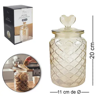 POTE DE VIDRO REDONDO COM TAMPA HERMETICA CORACAO DE VIDRO AMBAR FLUX 900ML