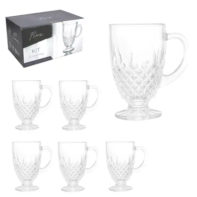 JOGO DE CANECA XICARA DE VIDRO PARA CAFE / CAPPUCCINO FLUX COM 6 PECAS 180ML