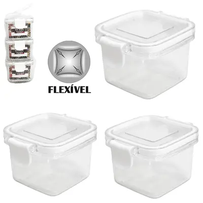 CONJUNTO DE MINI POTE DE PLASTICO PET FLEXIVEL QUADRADO COM TAMPA HERMETICA E TRAVA 3 PECAS 60ML NA REDE