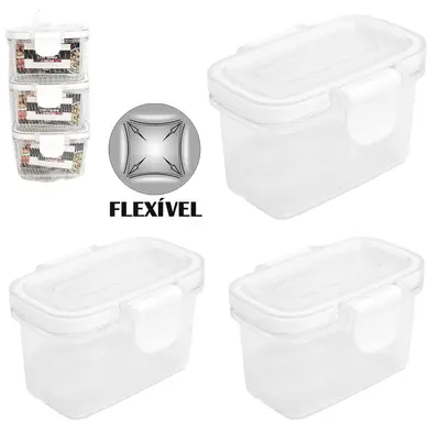 CONJUNTO DE MINI POTE DE PLASTICO PET FLEXIVEL RETANGULAR COM TAMPA HERMETICA E TRAVA 3 PECAS 60ML NA REDE