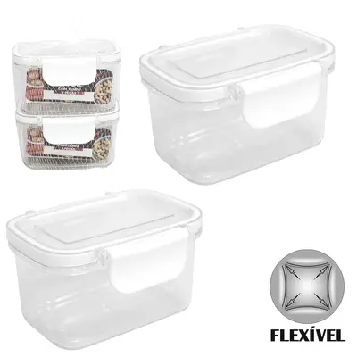 CONJUNTO DE MINI POTE DE PLASTICO PET FLEXIVEL RETANGULAR COM TAMPA HERMETICA E TRAVA 2 PECAS 150ML NA REDE