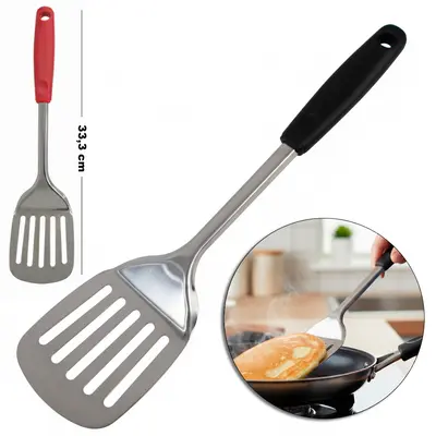 ESPATULA VAZADA DE INOX CABO PLASTICO VERMELHO E PRETO BLACK LINE 33,3X8CM