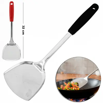 ESPATULA DE INOX CABO PLASTICO VERMELHO E PRETO BLACK LINE 32X10CM