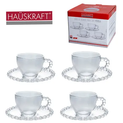 JOGO DE XICARA DE VIDRO COM PIRES PARA CAFE PEROLA HAUSKRAFT 8 PECAS 100ML