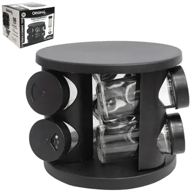 PORTA CONDIMENTO DE VIDRO / PLASTICO COM 6 PECAS 90ML + SUPORTE GIRATORIO REDONDO BLACK
