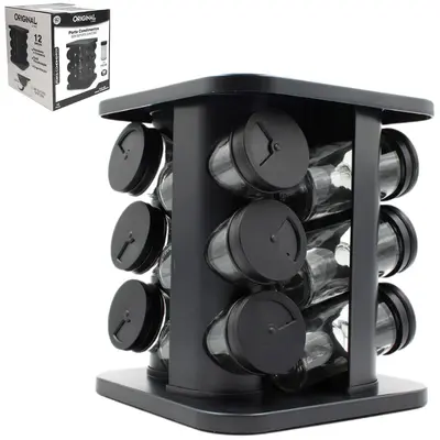 PORTA CONDIMENTO DE VIDRO / PLASTICO COM 12 PECAS 90ML + SUPORTE GIRATORIO QUADRADO BLACK