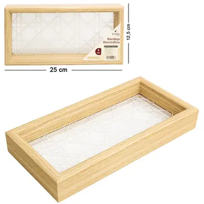 BANDEJA DE MADEIRA MDF COM FUNDO DE PLASTICO TRANSPARENTE RETANGULAR DECORATIVA DECOR 25X12,5X3,5CM