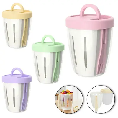 COPO POTE DE PLASTICO REDONDO PARA SALADA E FRUTA COM ESCORREDOR + GARFO + ALCA E TAMPA 12X10,5CM DE Ø