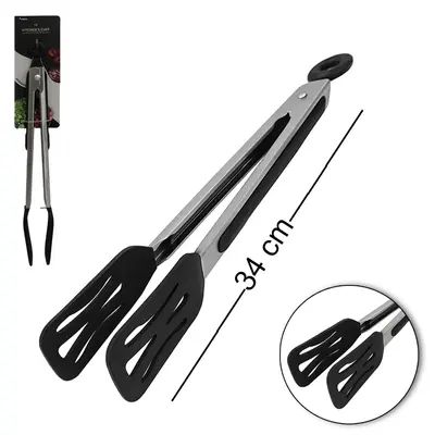 PEGADOR MULTIUSO INOX / SILICONE VAZADO PRETO COM MOLA E TRAVA PROFISSIONAL CASA NOBRE KITCHEN'S CHEF