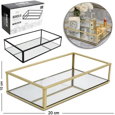 BANDEJA ARAMADO COM ESPELHO RETANGULAR DECORATIVA METALIZADO DOURADO / PRETO 20X10X5CM