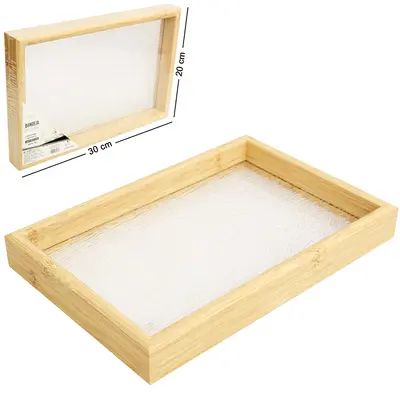 BANDEJA DE MADEIRA MDF COM FUNDO DE ACRILICO DECORATIVA 30X20X3,5CM
