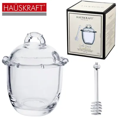 PORTA MEL / MELEIRA DE VIDRO COM TAMPA + PEGADOR DE ACRILICO LINHA SERVIR BAMBOO HAUSKRAFT PREMIUM 220ML