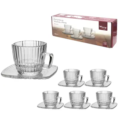 JOGO DE XICARA DE VIDRO QUADRADA COM PIRES PARA CAFE BRESCIA COM 12 PECAS 90ML