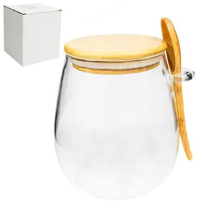 POTE DE VIDRO BOROSSILICATO LISO BOJUDO COM ALCA + COLHER E TAMPA HERMETICA MADEIRA / BAMBU 700ML