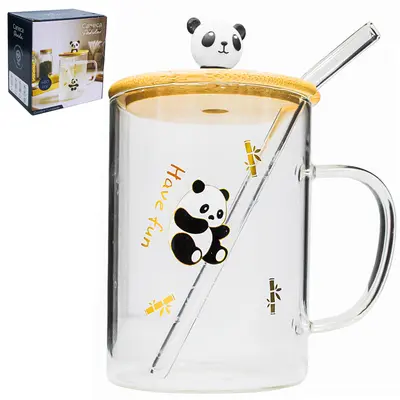 CANECA DE VIDRO BOROSSILICATO PANDA COM CANUDO + TAMPA DE MADEIRA / BAMBU 480ML