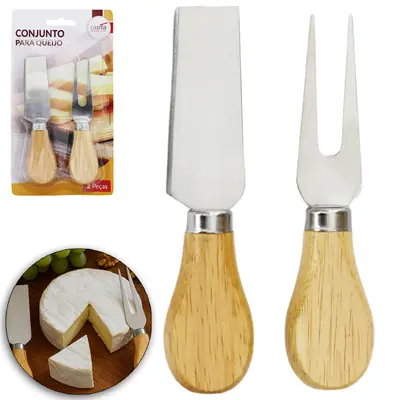 CONJUNTO PARA QUEIJO E FRIOS COM FACA + GARFO DE INOX CABO MADEIRA
