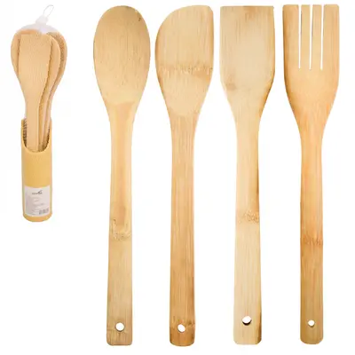 KIT COM COLHER + ESPATULA + GARFO + ESPATULA DE PAO DURO E SUPORTE DE BAMBU NA REDE