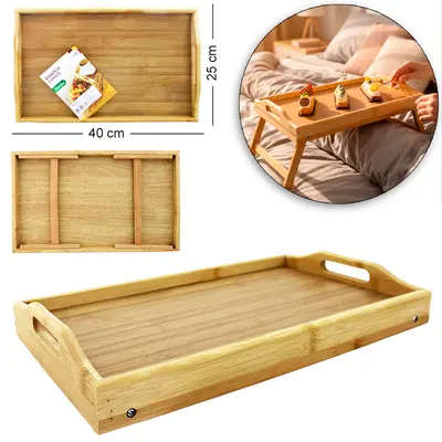 MESA BANDEJA DE BAMBU RETANGULAR COM PES RETRATEIS + ALCA 40X25X17,5CM