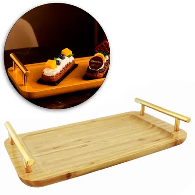 BANDEJA PETISQUEIRA DE BAMBU RETANGULAR COM ALCA DE PLASTICO DOURADO 31X15,7X5CM