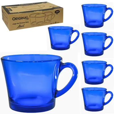 JOGO DE CANECA XICARA DE VIDRO PARA CHA SINO PACIFICO AZUL COM 6 PECAS 200ML