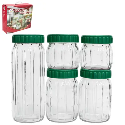 CONJUNTO DE POTE DE VIDRO REDONDO COM TAMPA DE PLASTICO 5 PECAS 1000/600/320ML