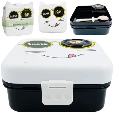 LANCHEIRA MARMITA DE PLASTICO QUADRADO COM 3 DIVISORIAS + COLHER + COPO E TRAVA LATERAL FLEXGOLD KIDS