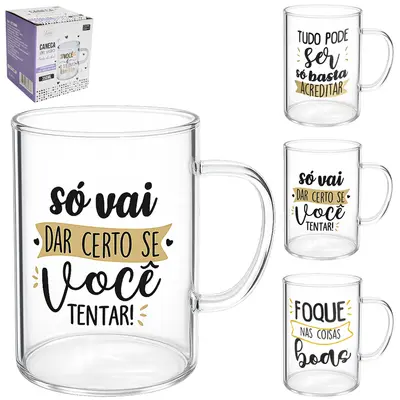 CANECA XICARA DE VIDRO BOROSSILICATO SORTE DO DIA SORTIDAS 350ML