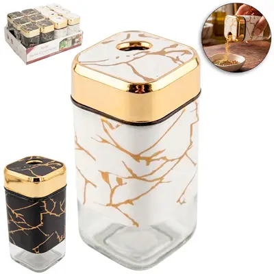 PORTA CONDIMENTO / QUEIJEIRA DE VIDRO MARMORE COM TAMPA BORDA DOURADA 120ML DP PLAY